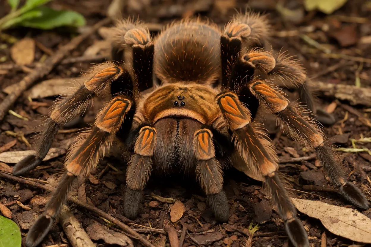 Aranha-golias adulta de corpo marrom escuro com pelos dourados sobre o solo da floresta