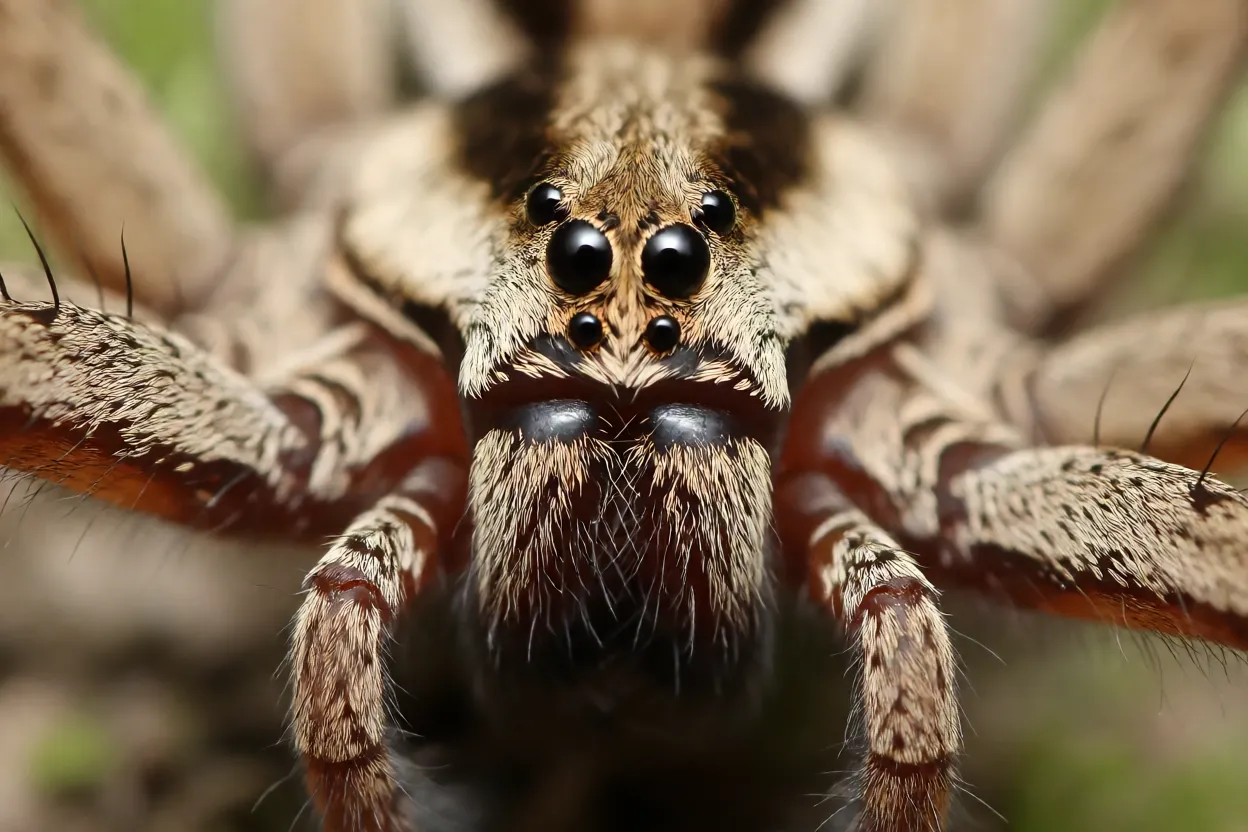 Close dos olhos e quelíceras da aranha-lobo-radiada