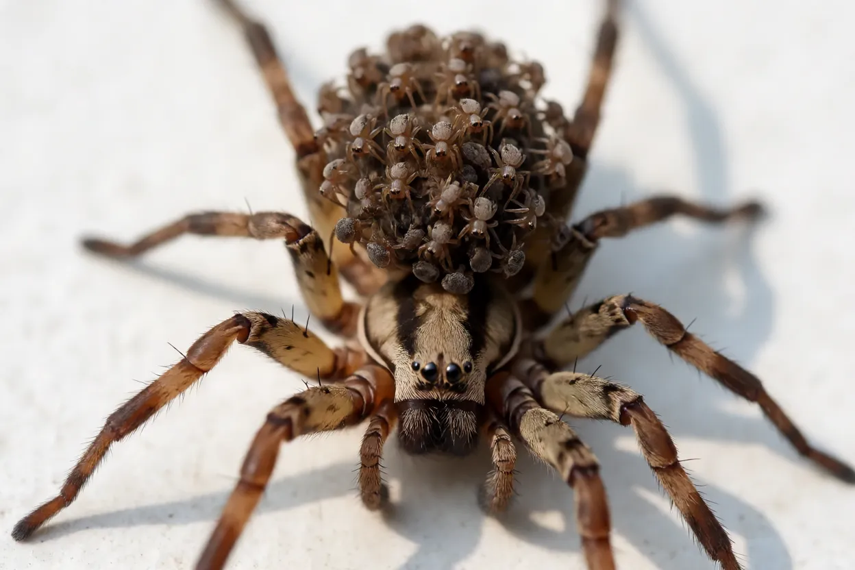 Fêmea de aranha-lobo-radiada com filhotes no dorso