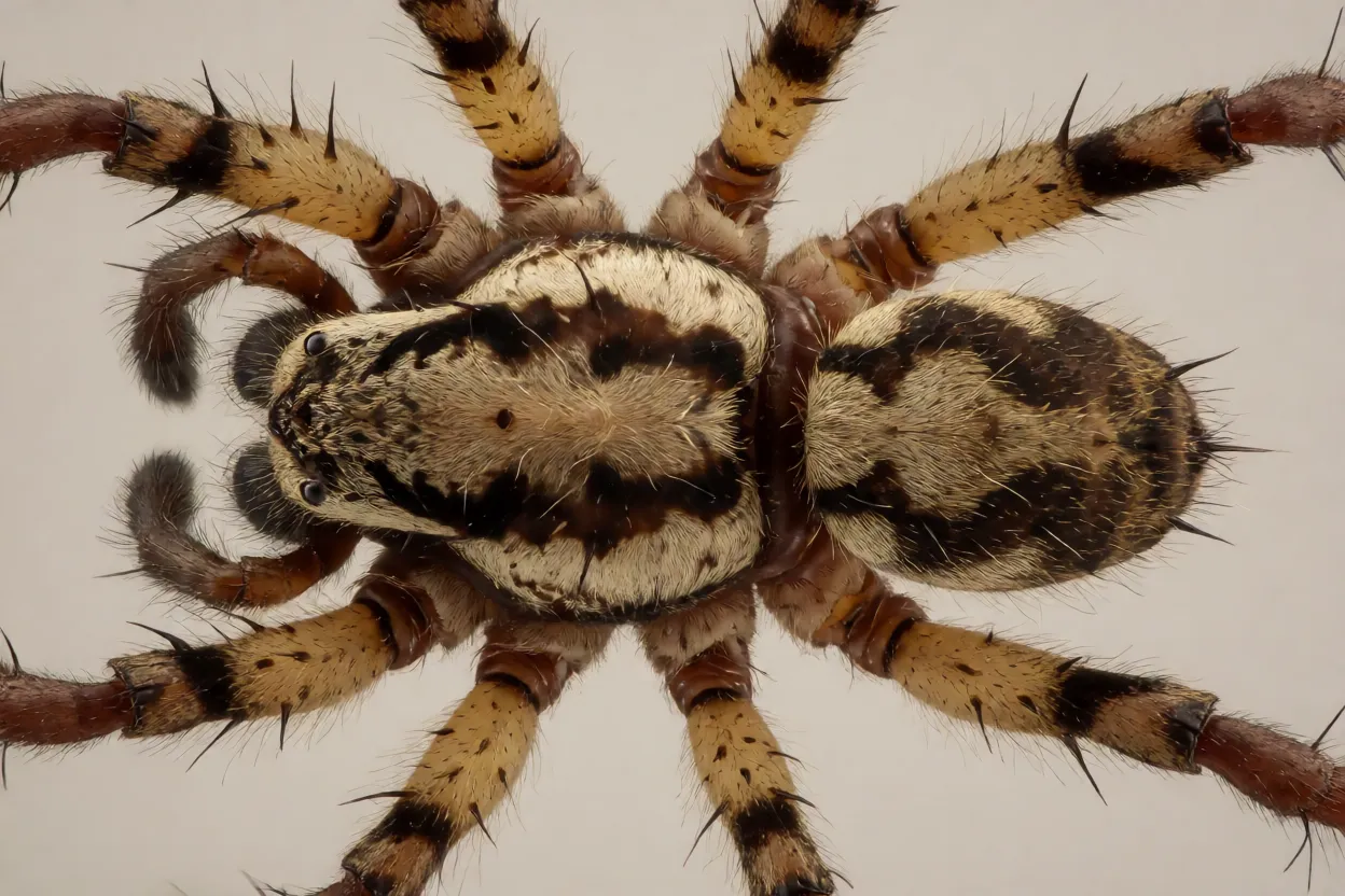 Detalhe das pernas e padrão dorsal da aranha-lobo-radiada