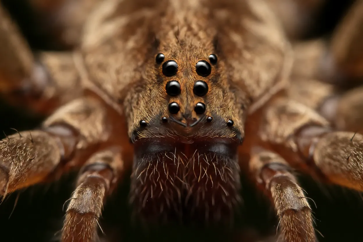 Close dos olhos da aranha-marrom mostrando os seis olhos em três pares