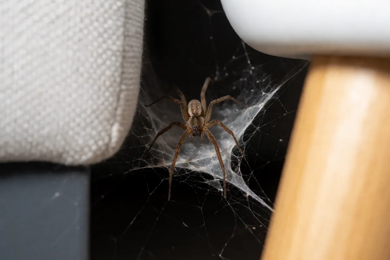 Aranha-marrom sobre sua teia irregular em canto escuro atrás de móvel