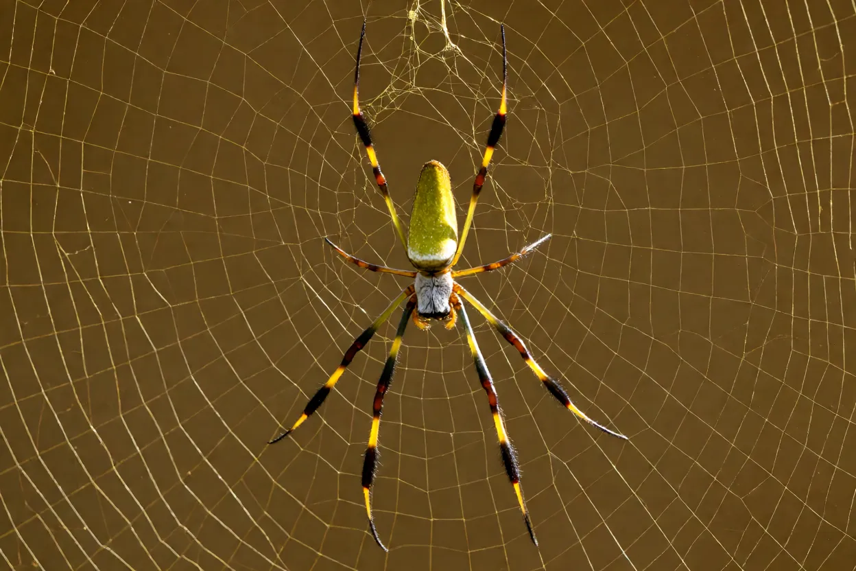 Aranha-tecelã Trichonephila clavipes fêmea no centro da teia orbital dourada