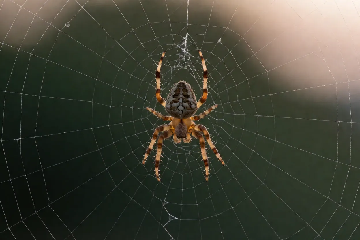 Aranha-tecelã-orbicular no centro de sua teia circular ao entardecer