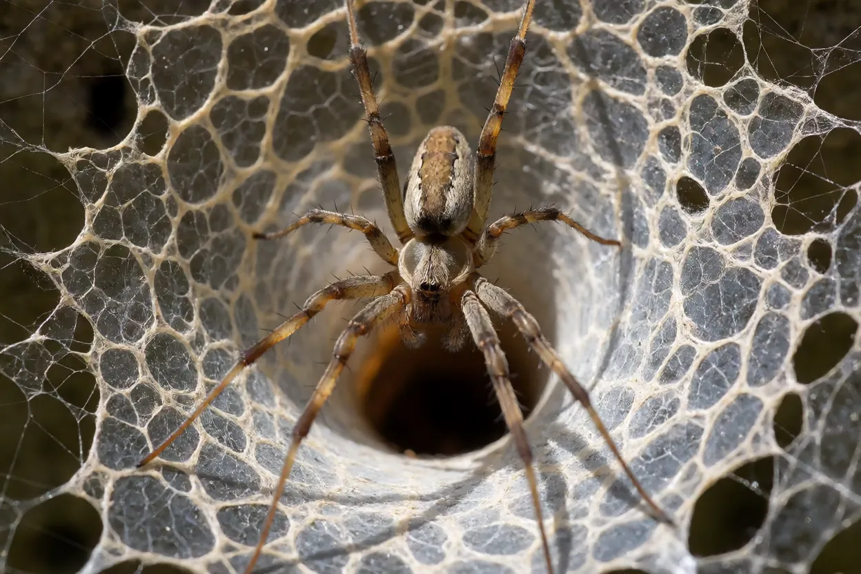 Aranha-teia-de-funil sobre sua teia em lençol com funil, mostrando corpo marrom e fiandeiras longas
