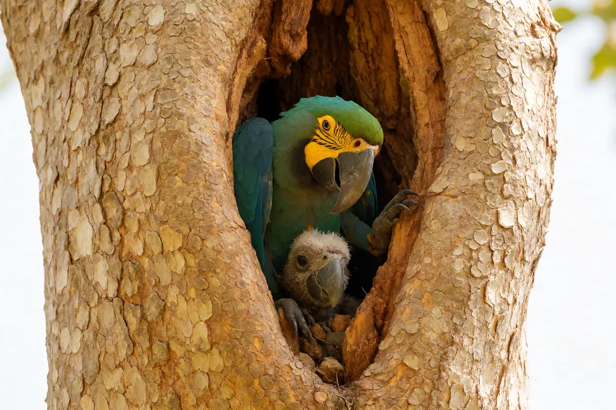 Ninho de arara-azul em oco de manduvi com filhote