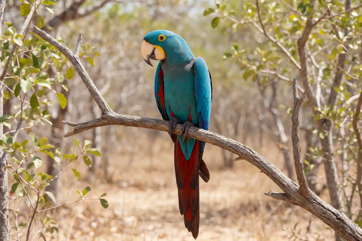 Arara-azul-de-lear empoleirada em galho seco na Caatinga mostrando plumagem azul-turquesa