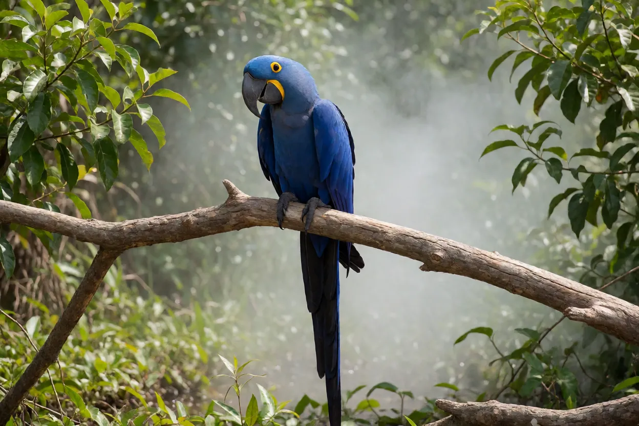 Arara-azul-grande de corpo inteiro empoleirada em galho de manduvi no Pantanal