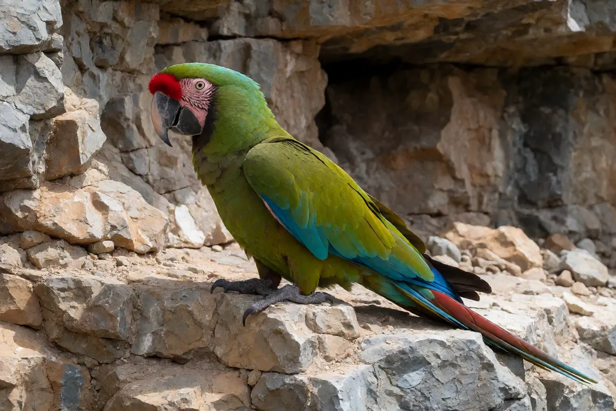 Arara-verde de corpo inteiro pousada em paredão rochoso com plumagem verde-oliva e testa vermelha