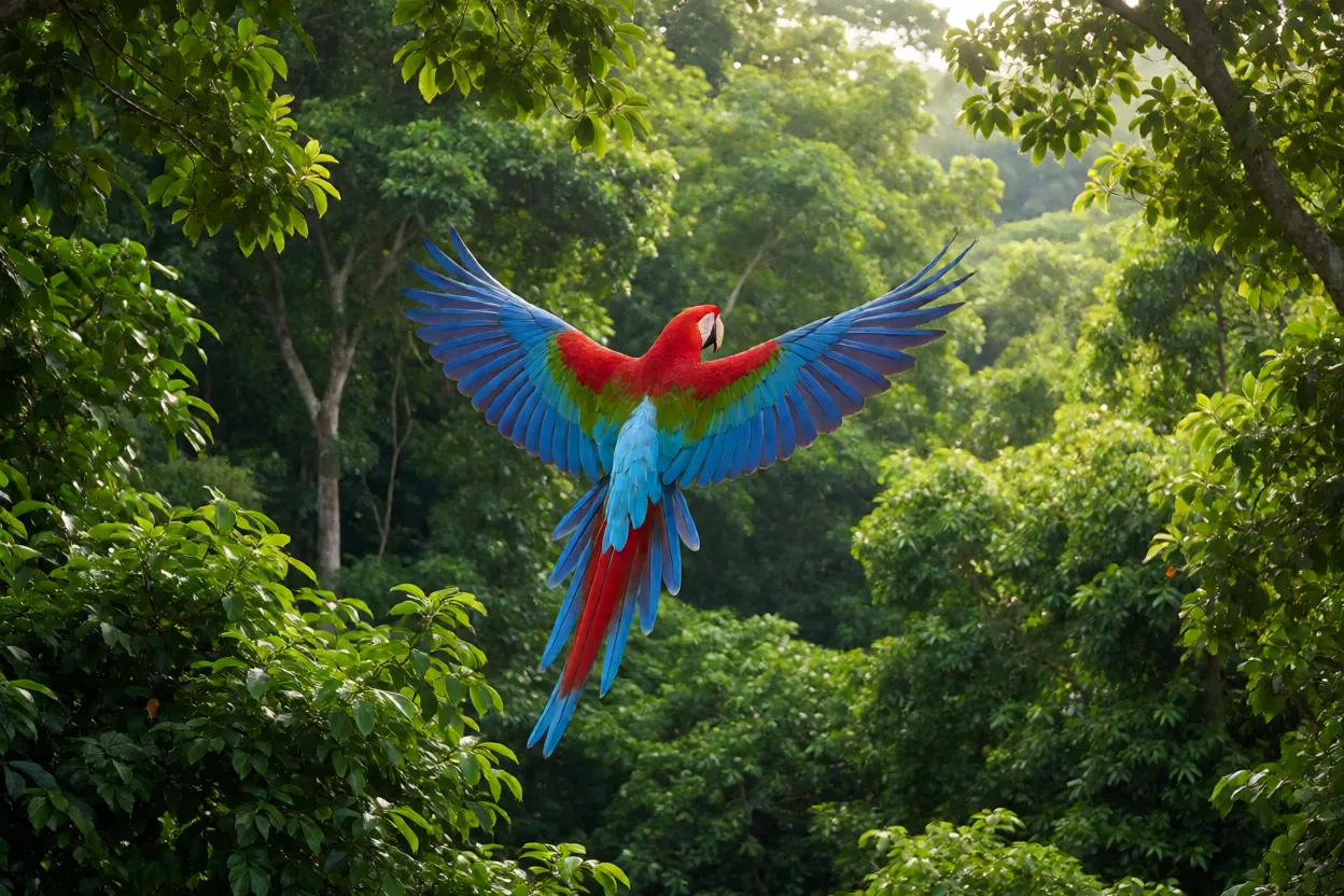 Arara-vermelha em voo com asas abertas sobre a copa da floresta