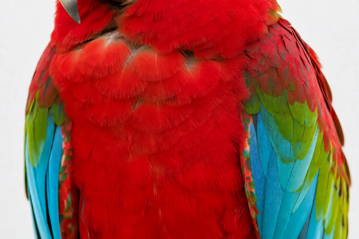 Detalhe da plumagem da arara-vermelha com penas vermelhas, verdes e azuis