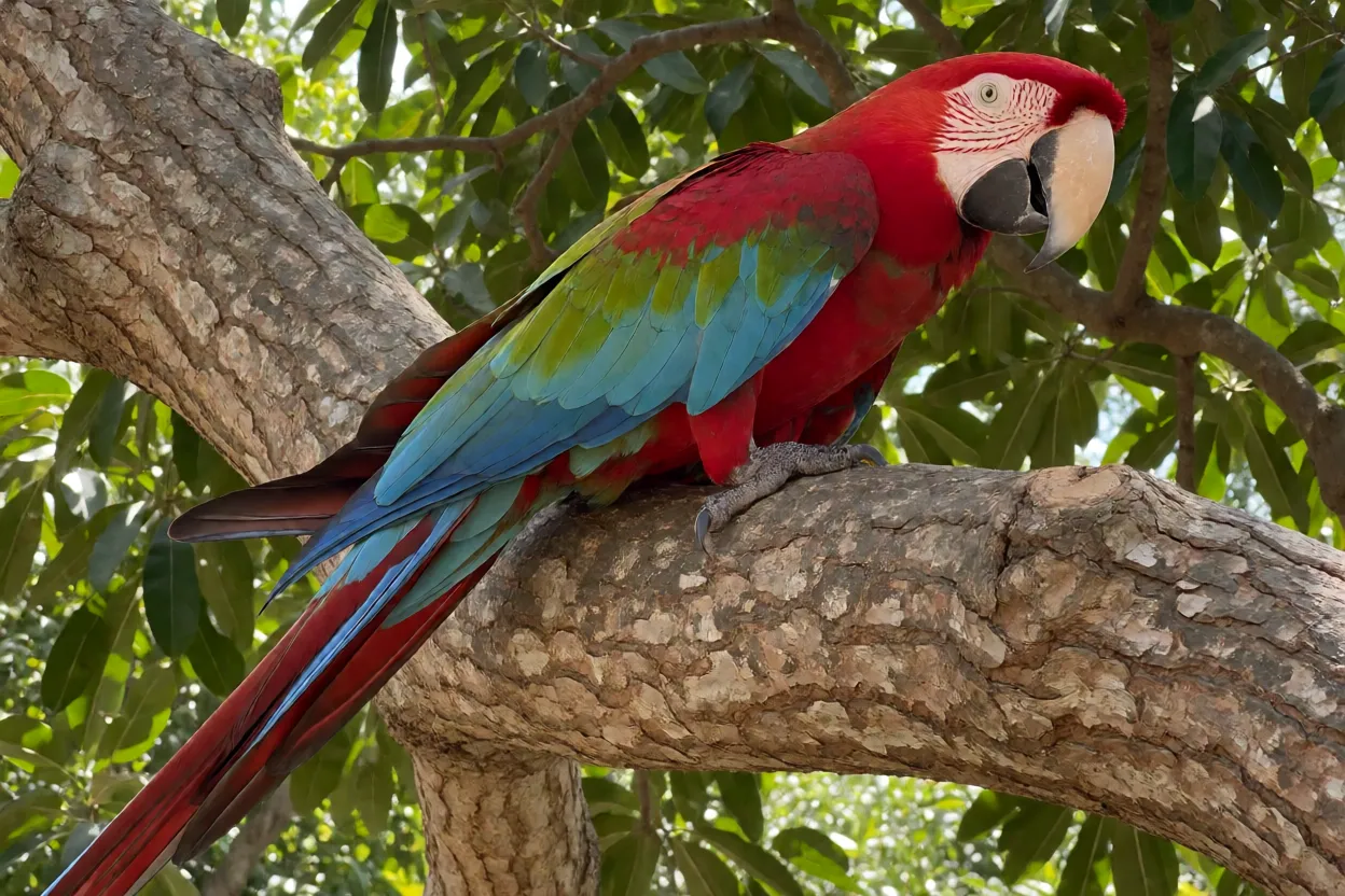 Arara-vermelha-grande empoleirada em galho mostrando plumagem vermelha com faixa verde e pontas azuis