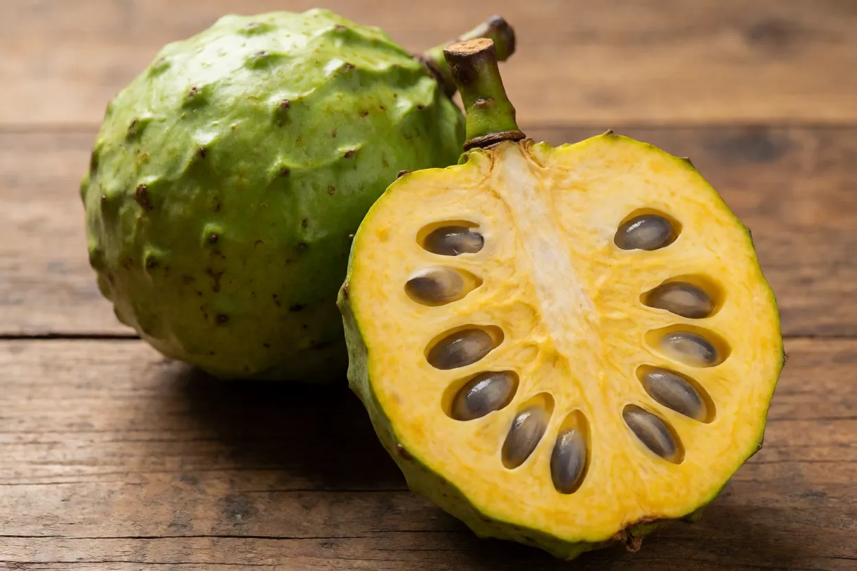 Fruto de araticum-do-brejo inteiro e cortado mostrando polpa creme-amarelada e sementes