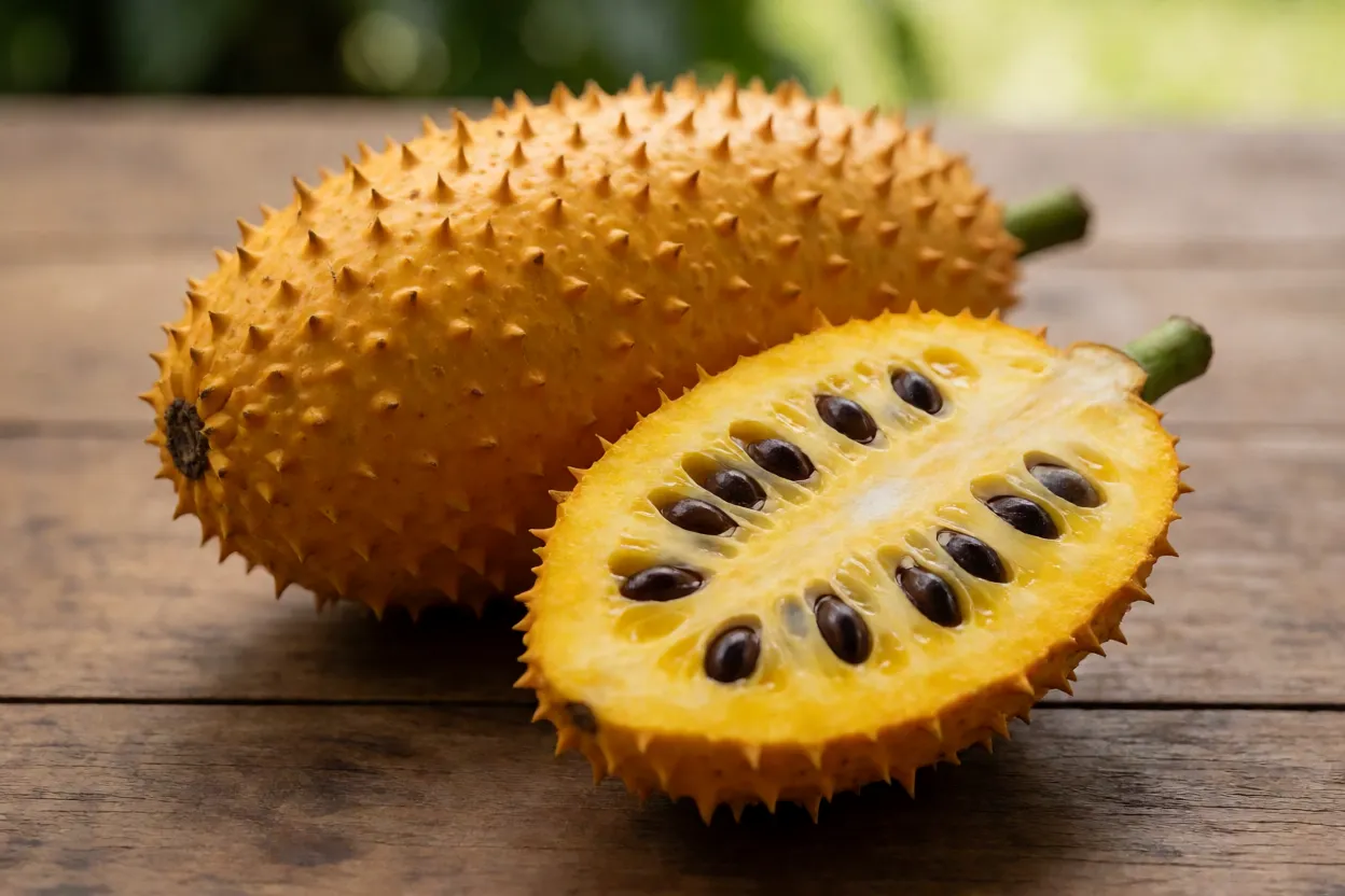 Fruto alongado do araticum-salsicha inteiro e cortado mostrando polpa amarela