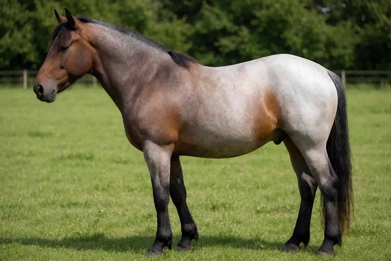 Ardenês Cavalo Ardenês adulto de corpo inteiro na pastagem, vista lateral