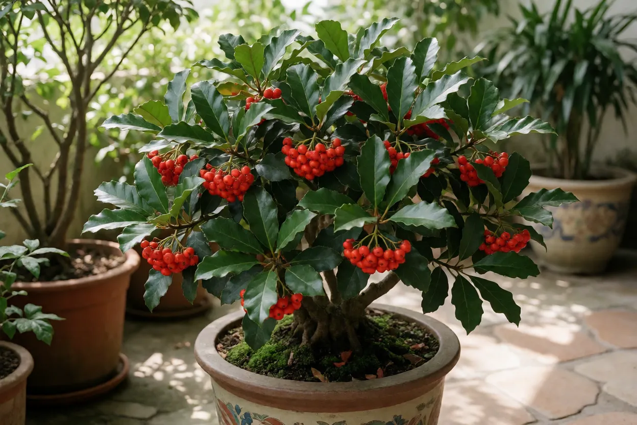 Ardísia (Ardisia crenata) adulta em vaso com folhas brilhantes e cachos de frutos vermelhos