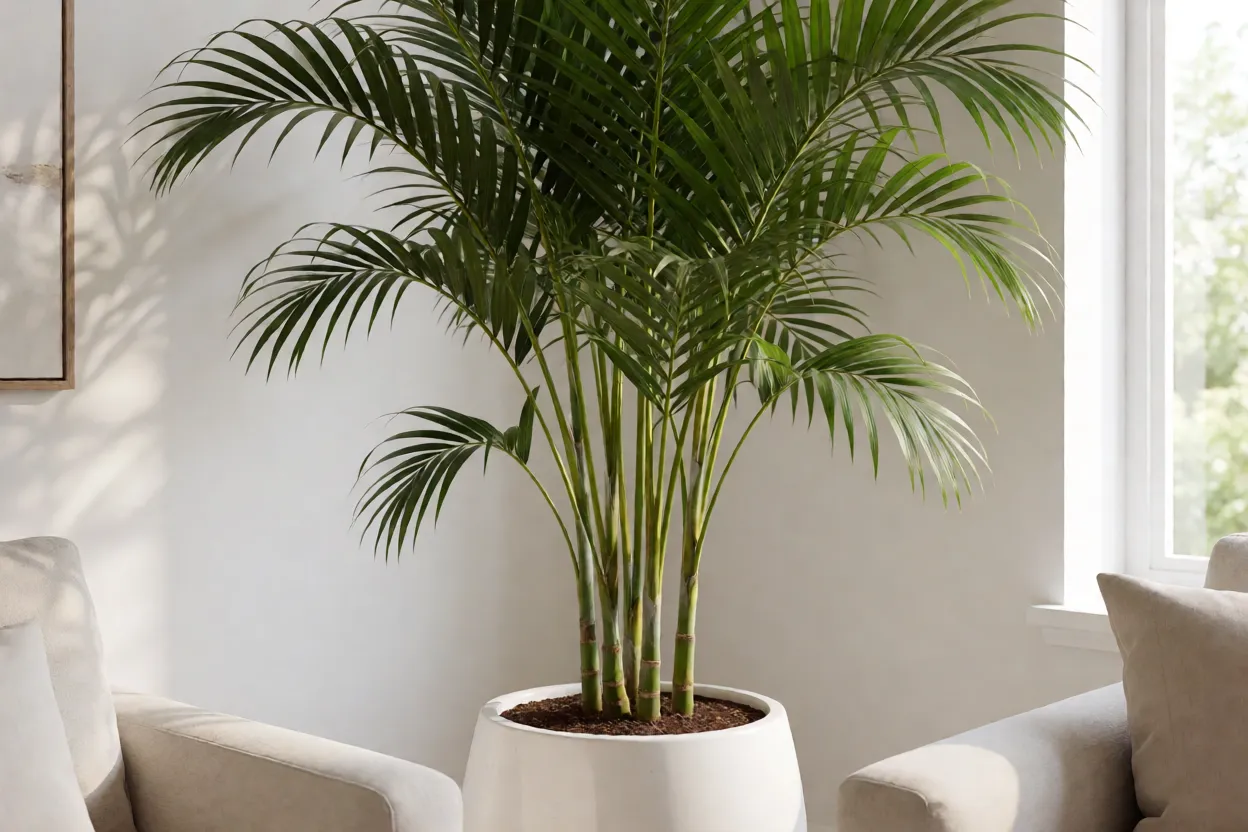 Areca Dypsis lutescens adulta em vaso grande dentro de sala iluminada