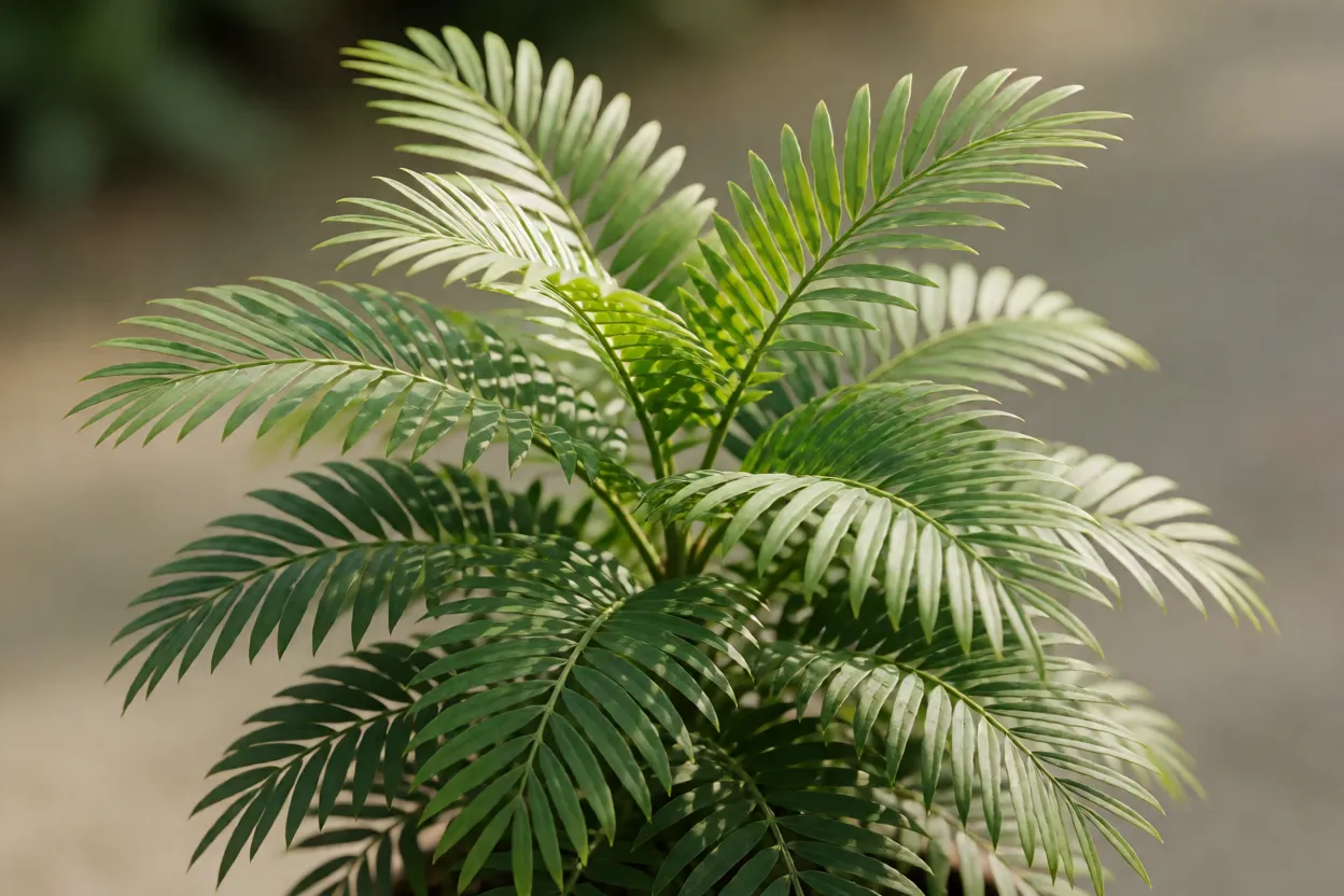 Close-up das folhas penadas da Areca mostrando folíolos finos