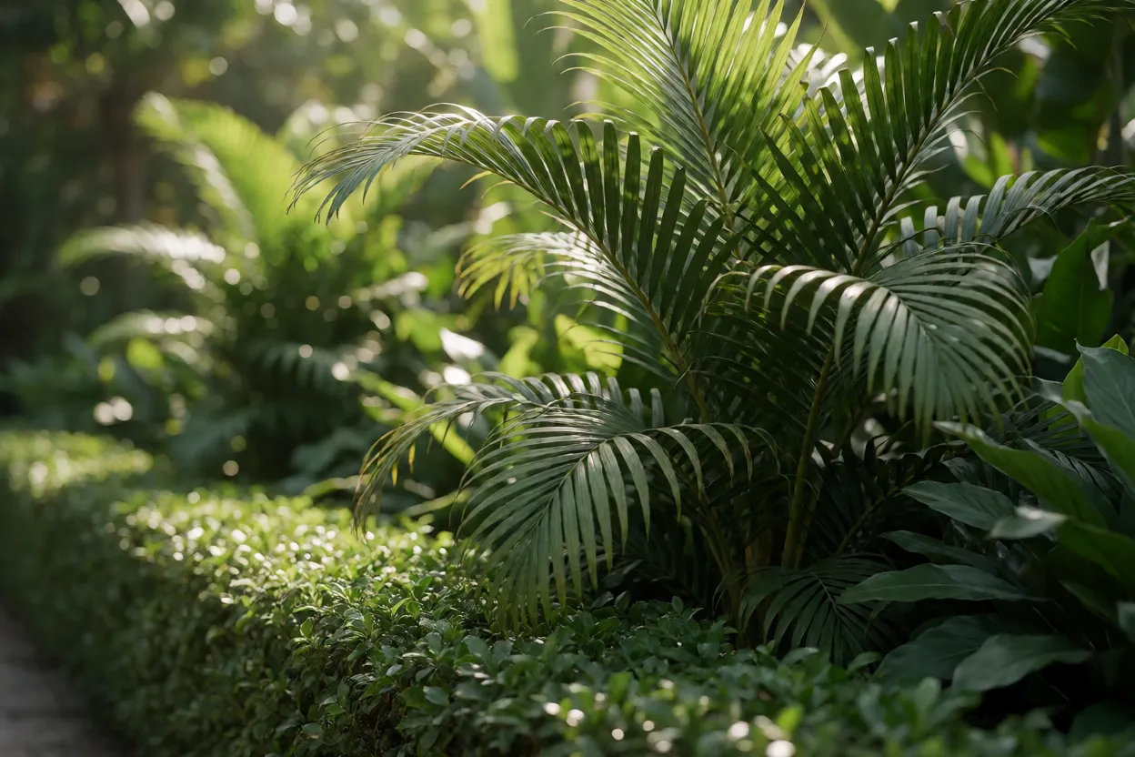 Areca plantada no jardim formando renque em meia-sombra