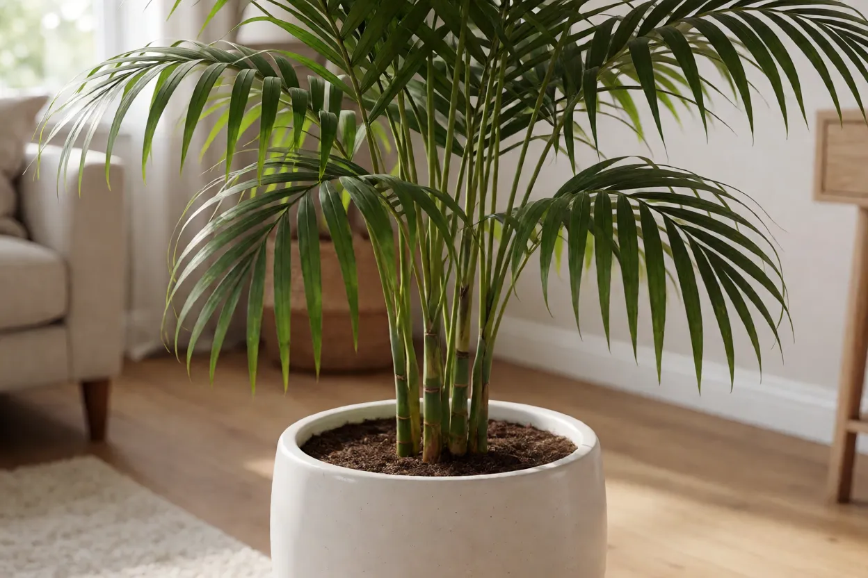 Areca-bambu adulta em vaso grande em sala iluminada