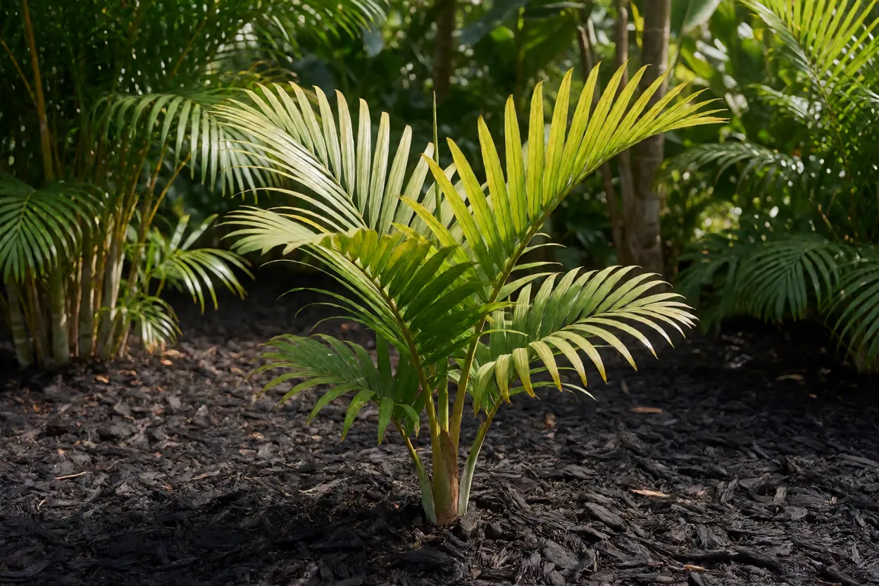 Areca plantada em canteiro de jardim tropical