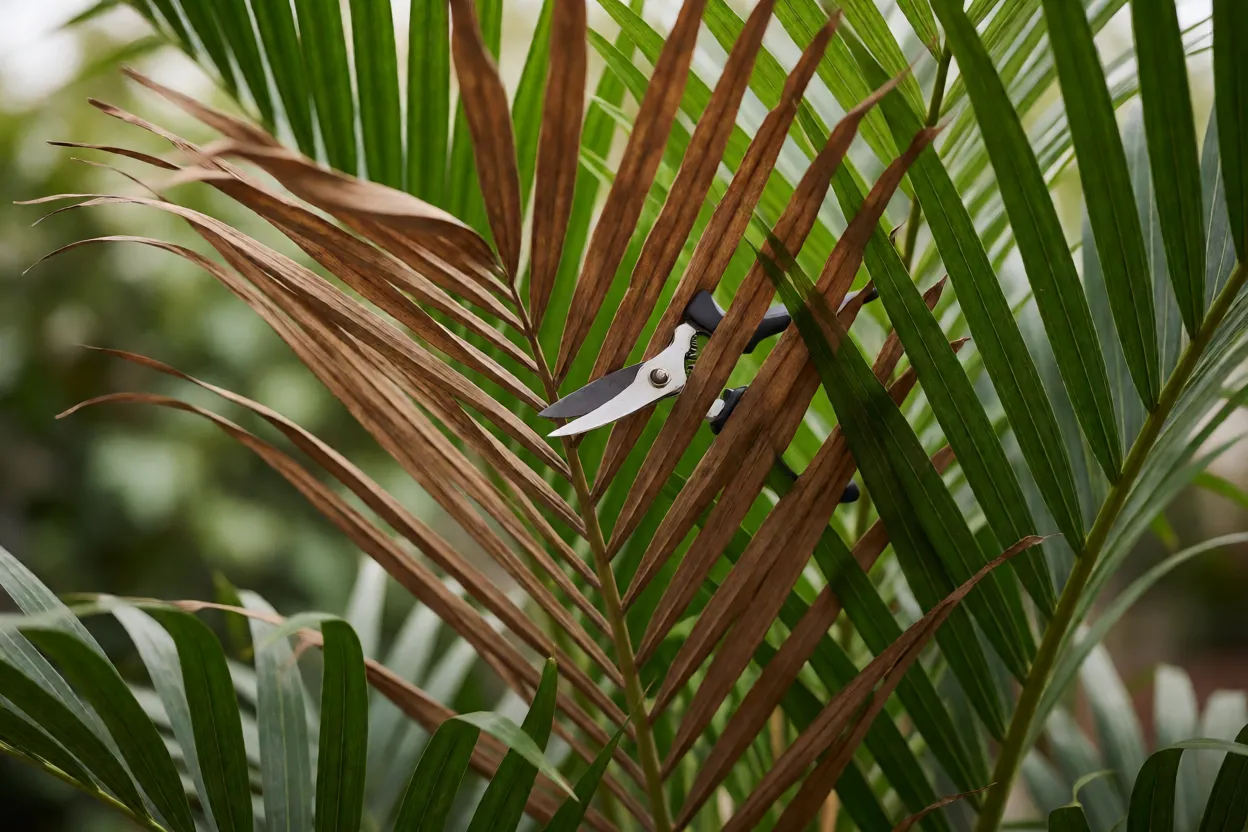 Poda de folhas secas da areca com tesoura limpa
