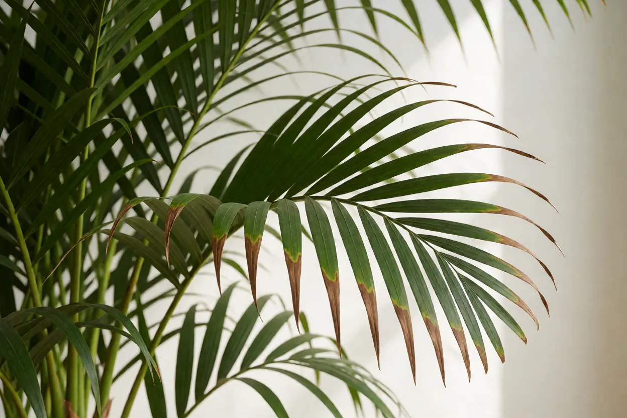 Folhas de areca com pontas marrons por baixa umidade