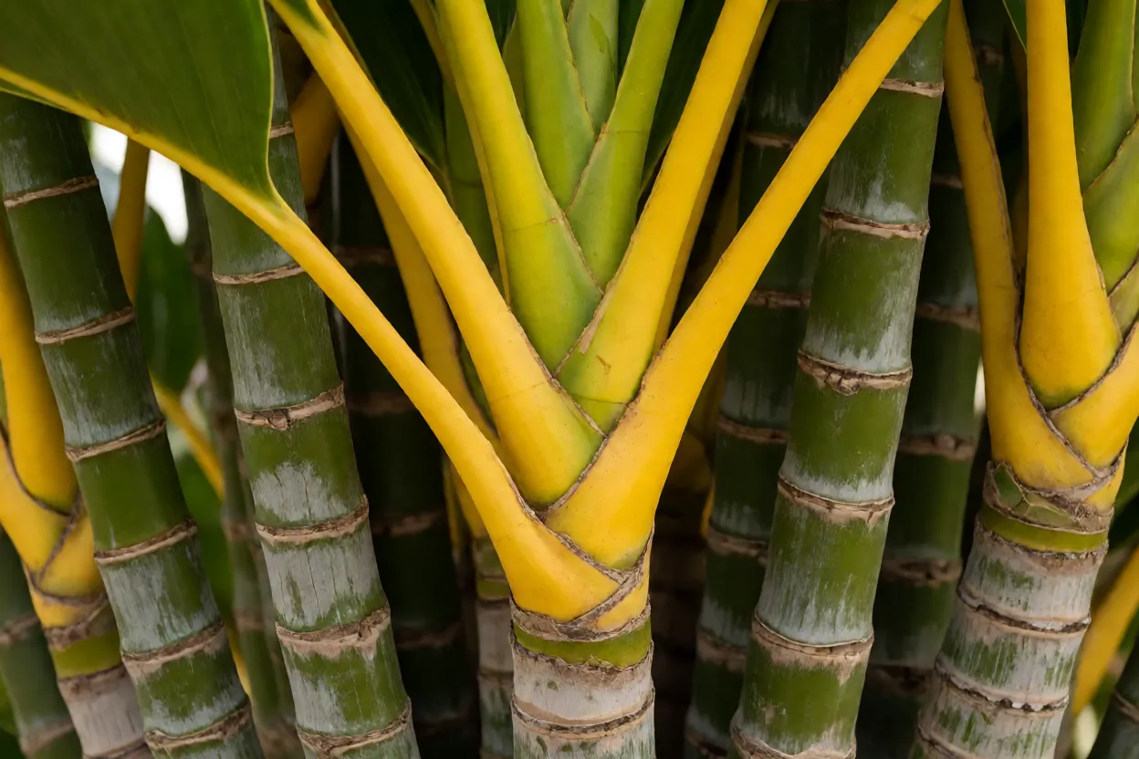 Detalhe dos caules anelados da areca lembrando bambu