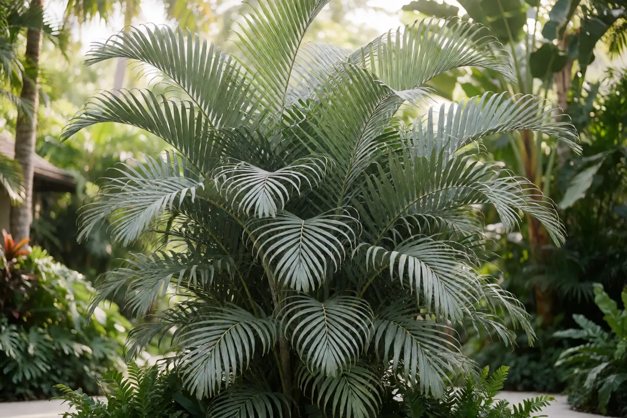 Areca formando cerca-viva densa em jardim tropical
