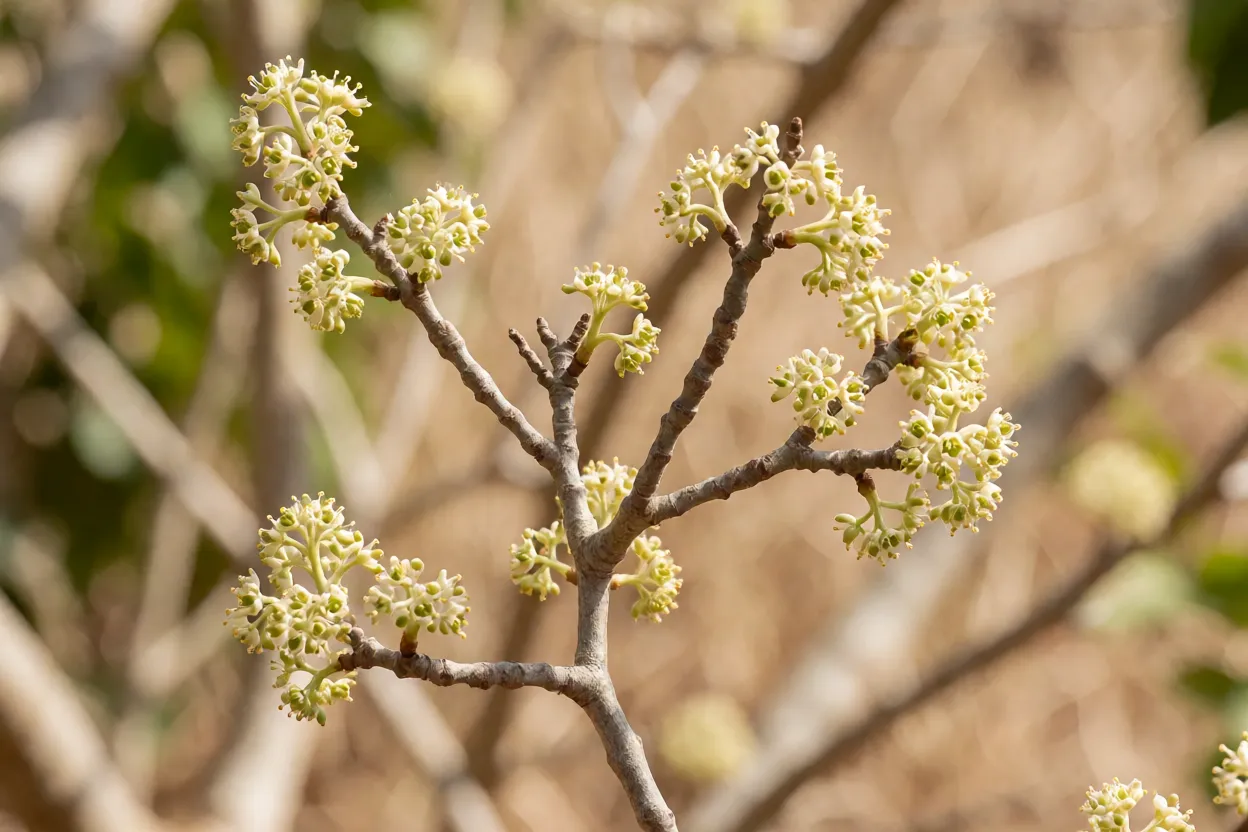 Floração da aroeira-do-sertão em galhos sem folhas