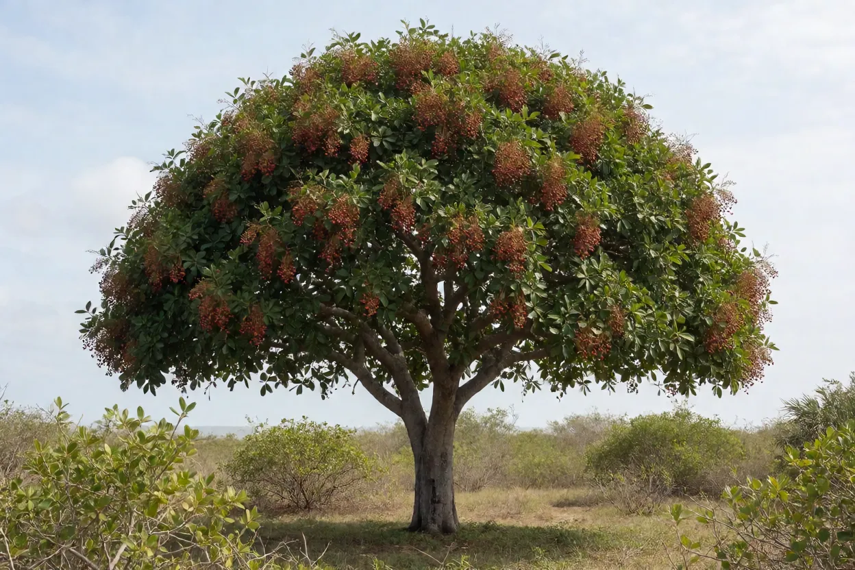 Aroeira-pimenteira adulta com copa arredondada e frutos vermelhos na restinga