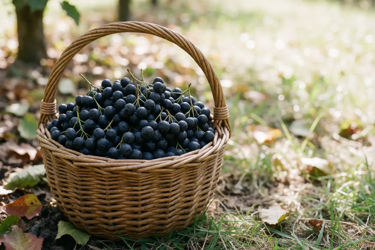 Cesta cheia de aronia colhida