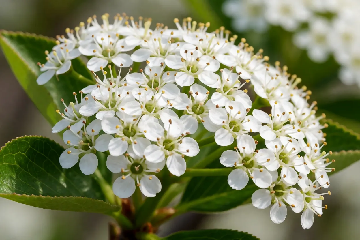 Flores brancas da arônia-negra em corimbo na primavera