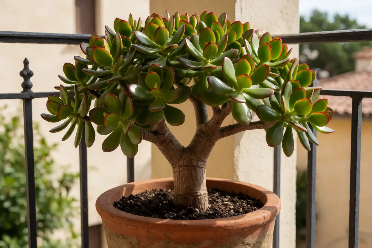 Árvore-de-jade adulta em vaso de barro com tronco lenhoso e folhas verde-jade brilhantes