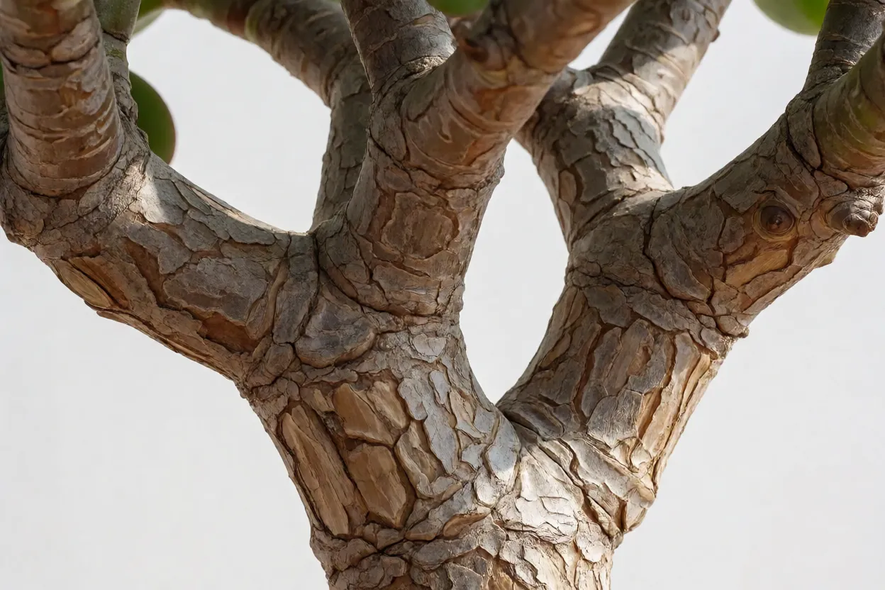 Detalhe do tronco lenhoso e ramificado da árvore-de-jade