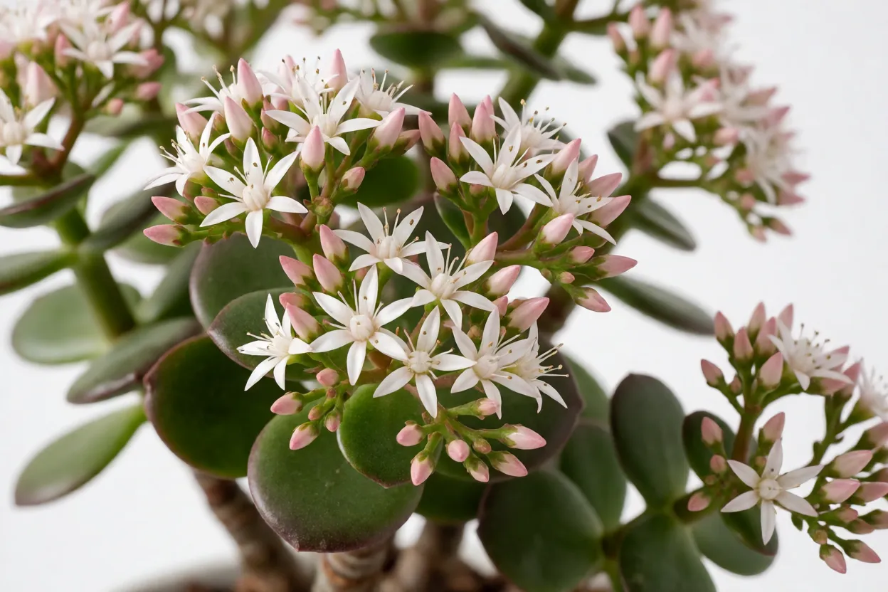 Floração da árvore-de-jade com cachos de flores brancas em forma de estrela
