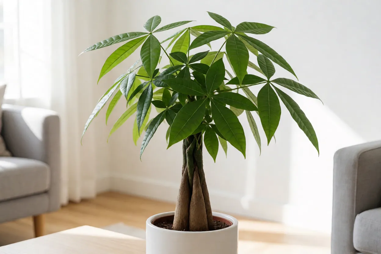 Árvore-do-dinheiro Pachira aquatica adulta em vaso branco com tronco trançado