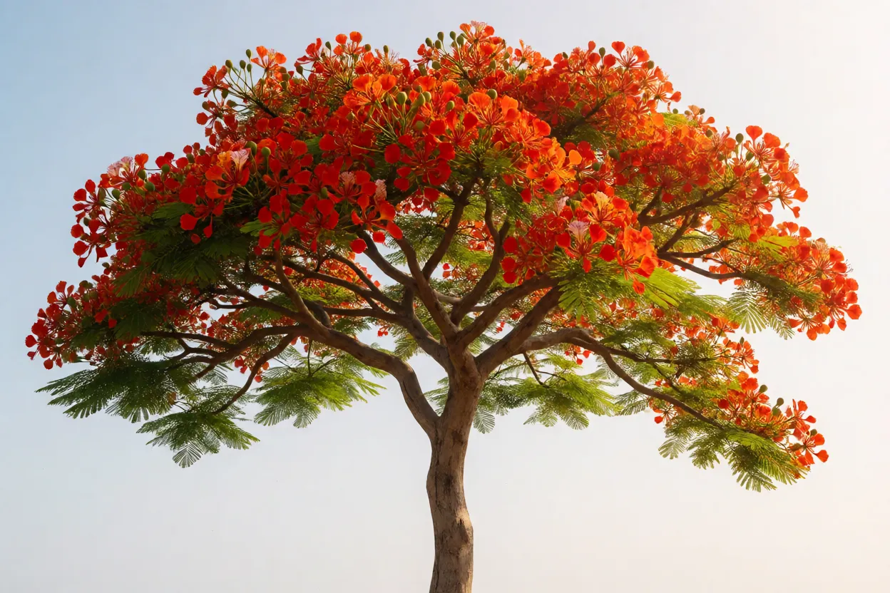 Flamboyant recebendo sol pleno com flores intensas