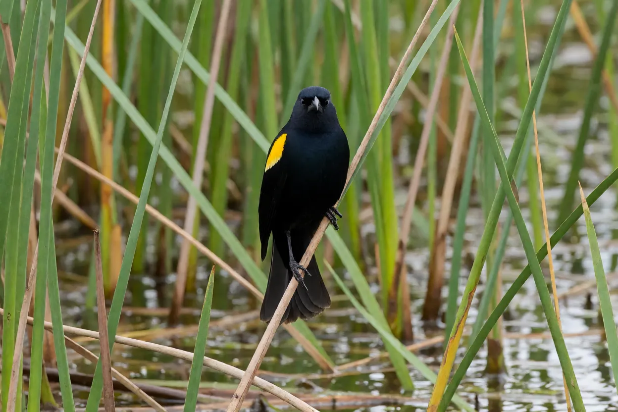 Asa-de-telha macho pousado em junco mostrando mancha amarela da asa