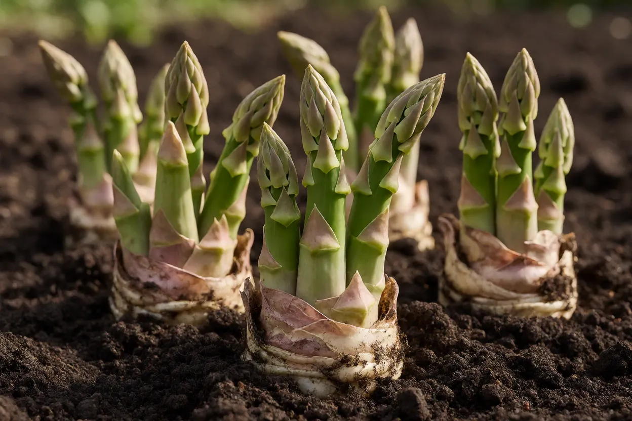 Coroas e raízes carnosas de aspargo para plantio