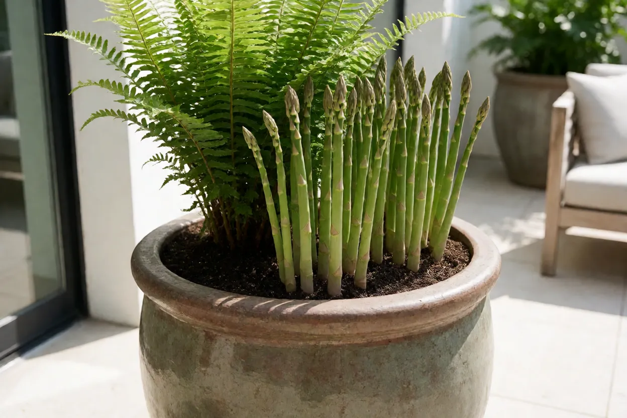 Aspargo cultivado em vaso profundo a sol pleno