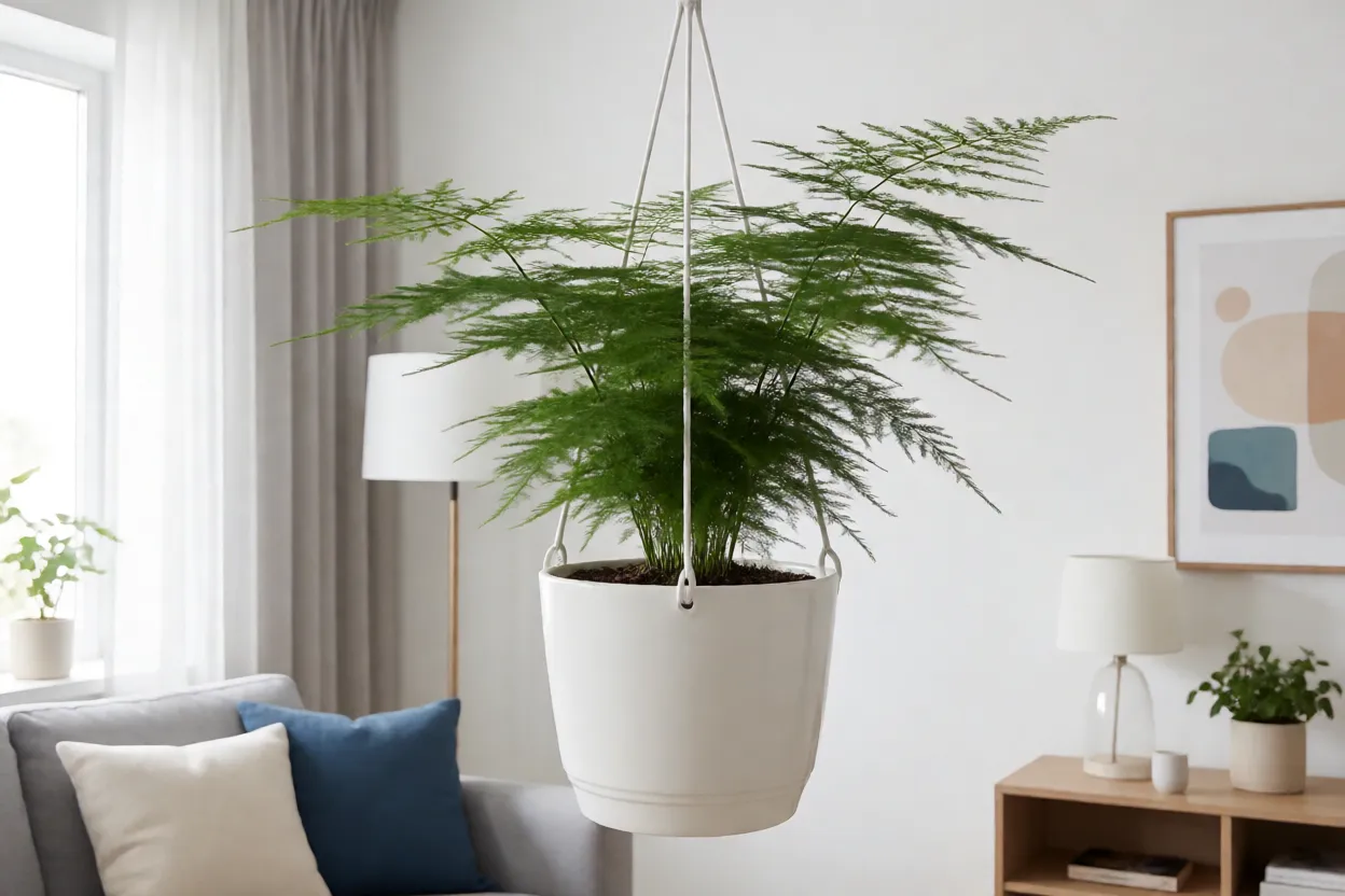Aspargo-samambaia adulto em vaso suspenso branco com folhagem plumosa