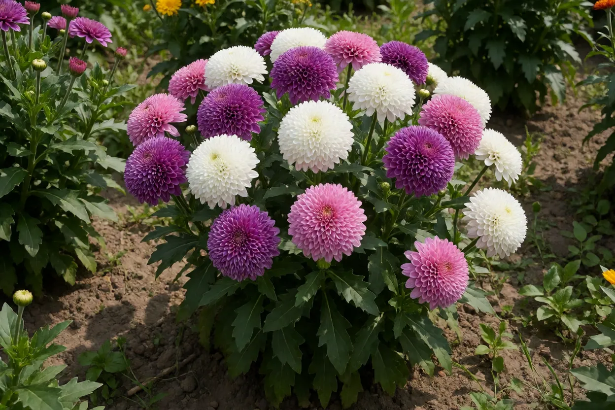 Áster-da-china adulto em plena floração no canteiro com flores pompom coloridas