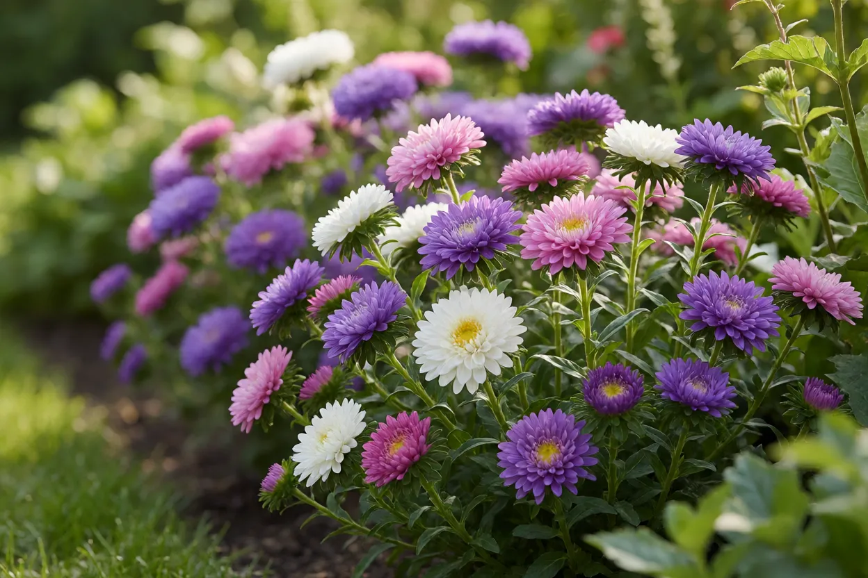 Jardim com &aacute;steres coloridos em plena flora&ccedil;&atilde;o