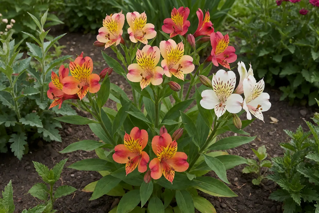 Astromélia adulta florida em canteiro de jardim com várias hastes coloridas