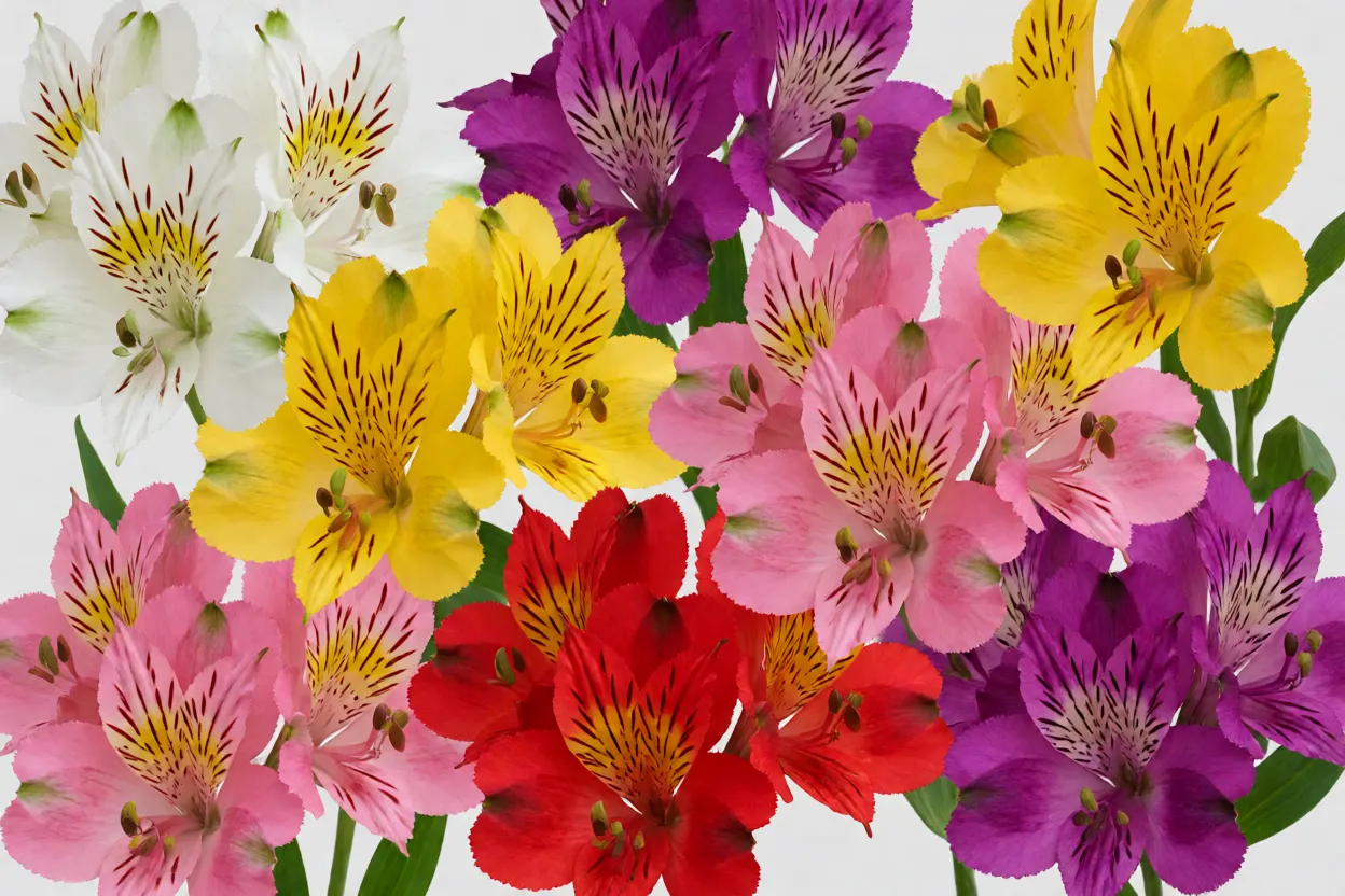 Variações de cores da astromélia: branca, amarela, rosa, vermelha e roxa