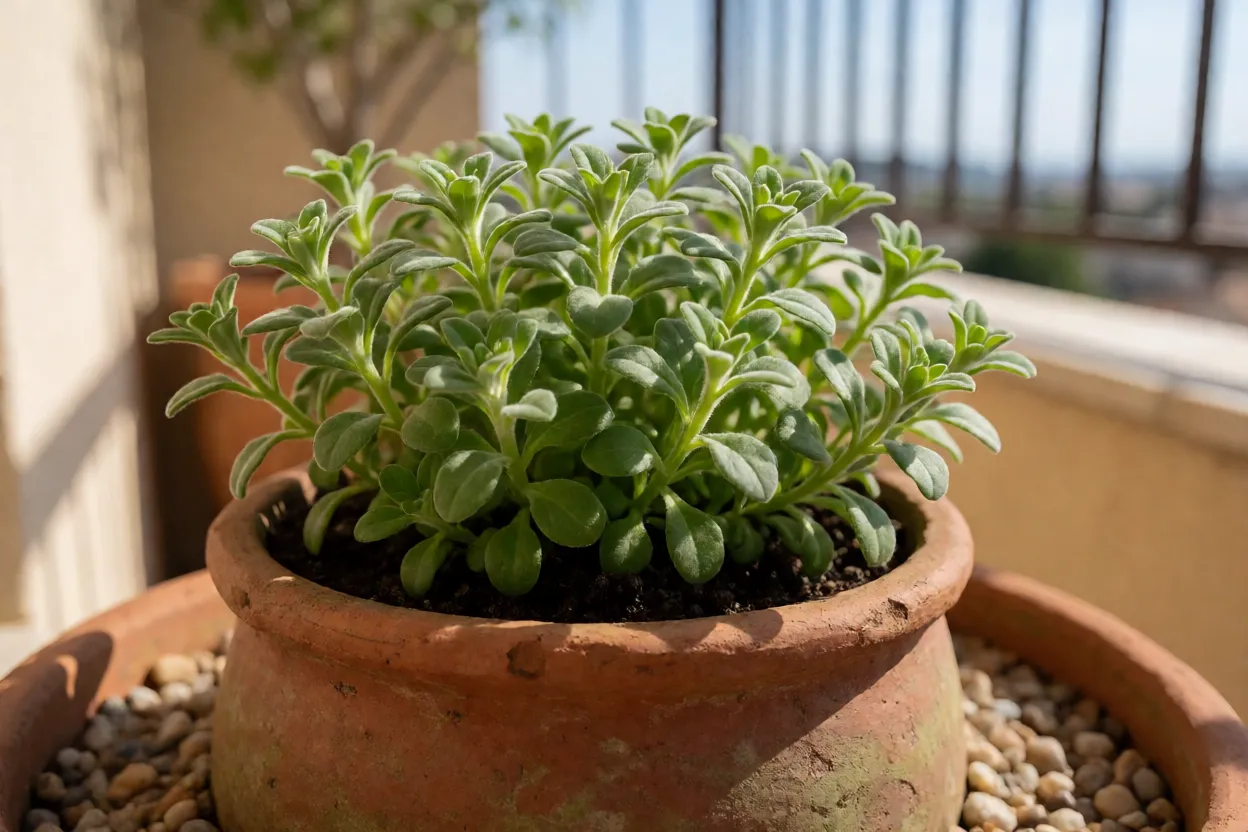 Aubrietia cultivada em vaso de barro com substrato drenado em varanda ensolarada