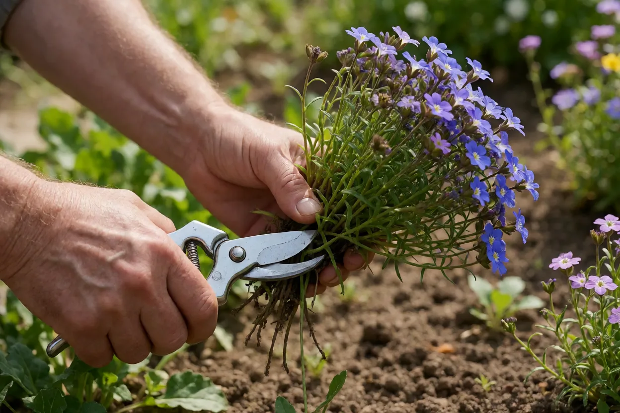 Poda da Aubrietia após floração cortando um terço dos ramos