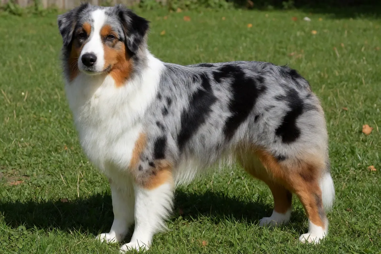 Australian Shepherd adulto de corpo inteiro em pé na grama com pelagem azul merle