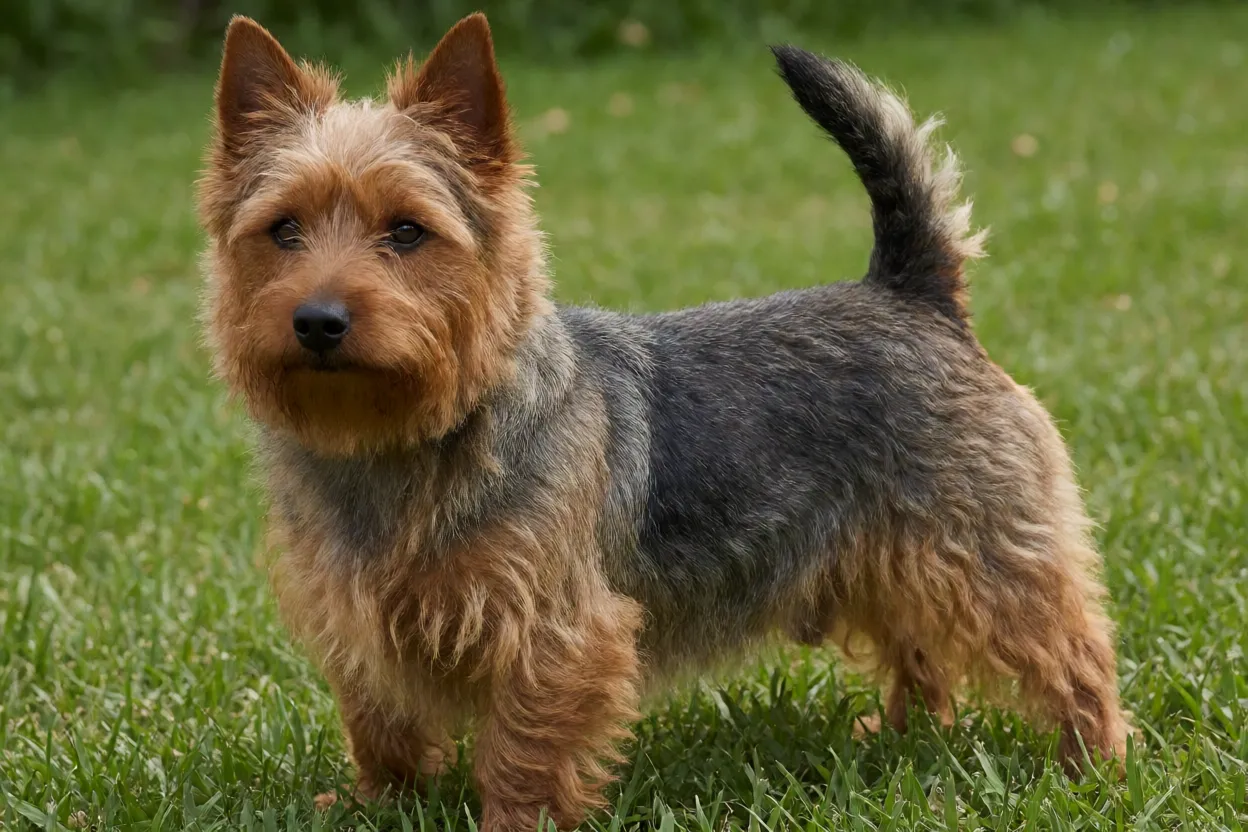 Australian Terrier adulto de corpo inteiro em pé na grama, pelagem áspera azul e castanho
